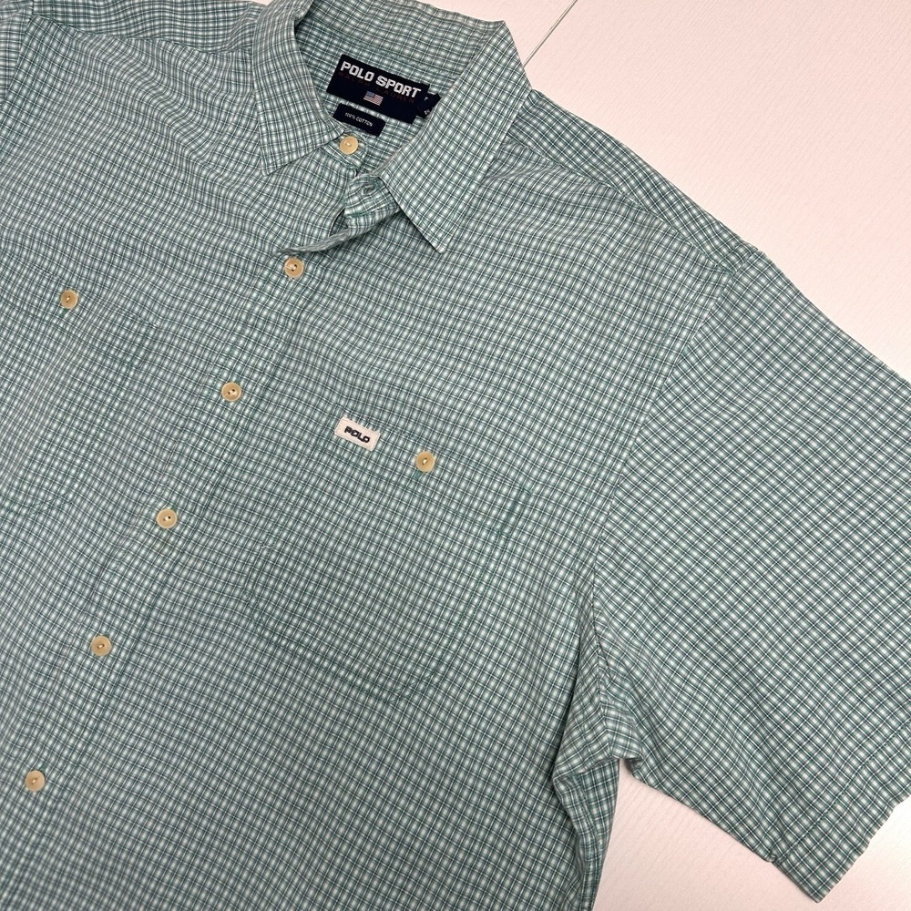 Vintage POLO SPORT Ralph Lauren Blue Plaid Short Sleeve Shirt XL Button Front